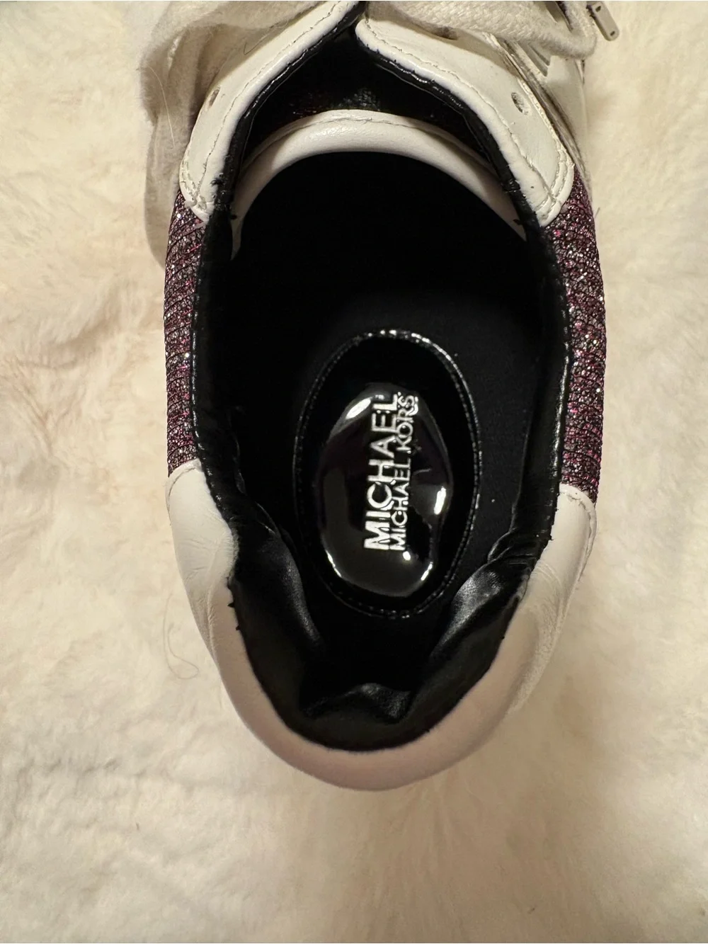 Michael Kors White and Plum Glitter Lace-Up Sneakers